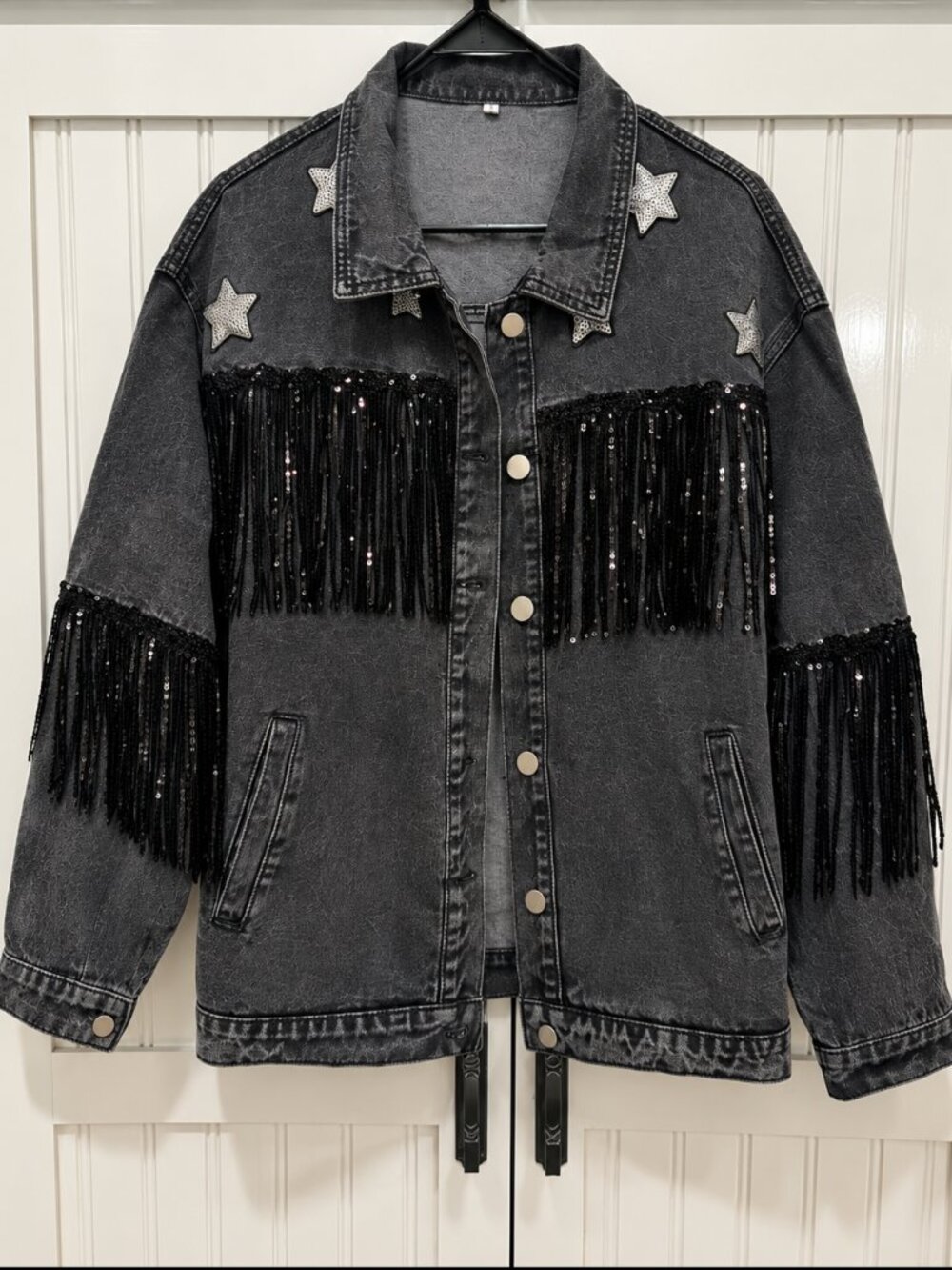 Black Washed Denim Fringe Jacket NWT Silver Star Sequin Western Style Size Large